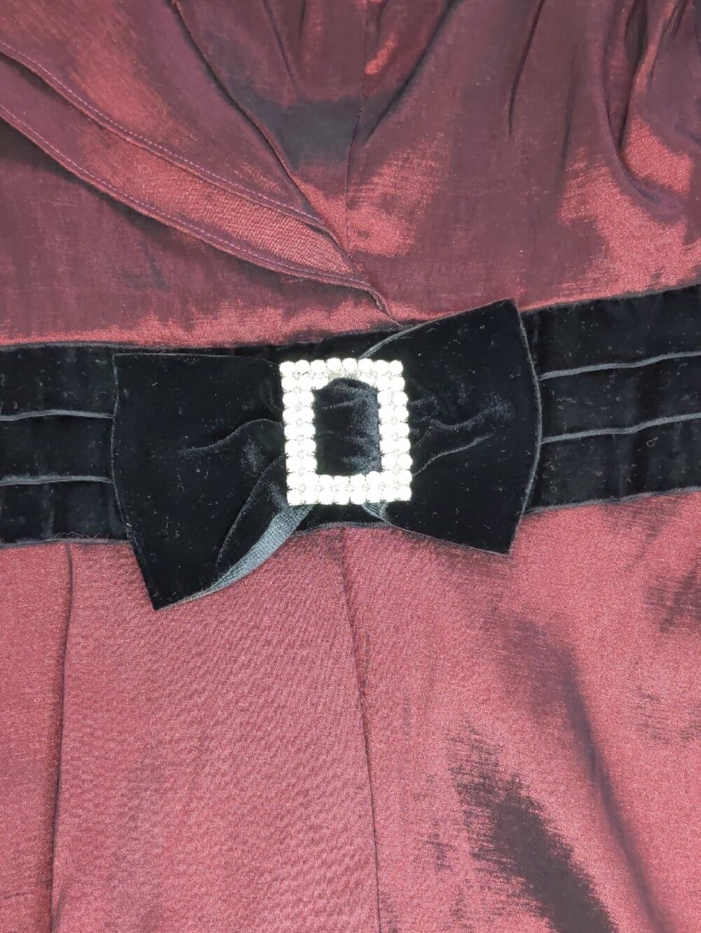Cachet Burgundy Satin Blouse with Black Velvet Rhinestone Belt - Picture 4 of 8
